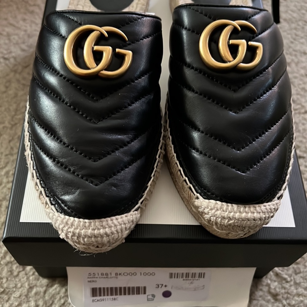 NEW Gucci Nappa Charlotte GG Marmont Espadrille Slide Mules Black Size 37.5 - Picture 2 of 6